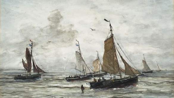Tekening van Scheveningse bomschuiten op zee, meeuwen in de lucht en figuren aan boord