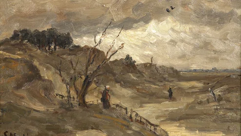 Schilderij van duinen in bruin en beige tinten met in het midden een kale boom een Scheveningse vrouw