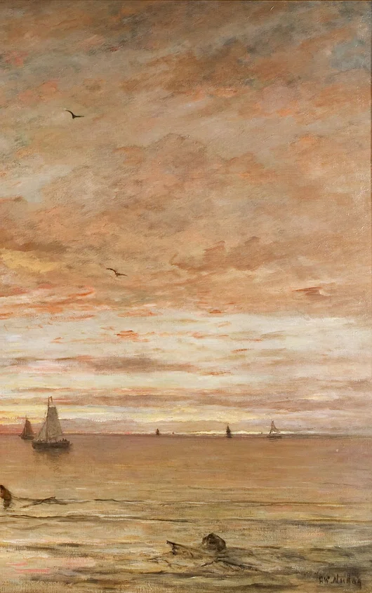 Schilderij van de zee met vissersschepen aan de horizon, vooraan in het water zijn garnalenvissers aan het werk